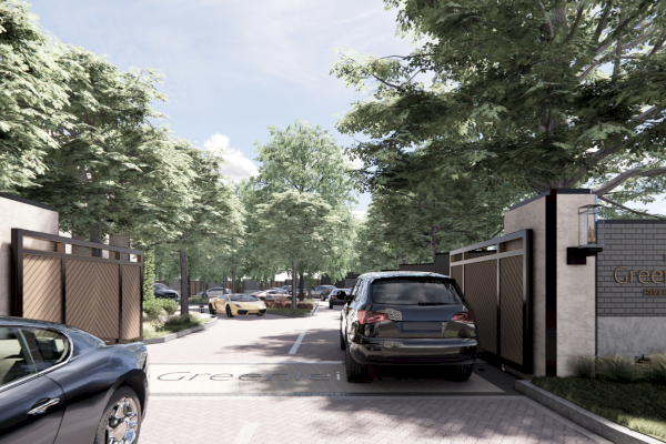 Cars in a gated entrance surrounded by trees, reading 