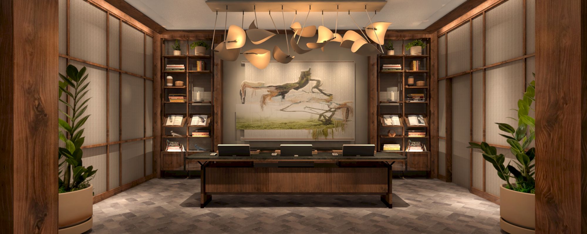 A welcoming office lobby with a desk, shelving, plants, and abstract lighting.