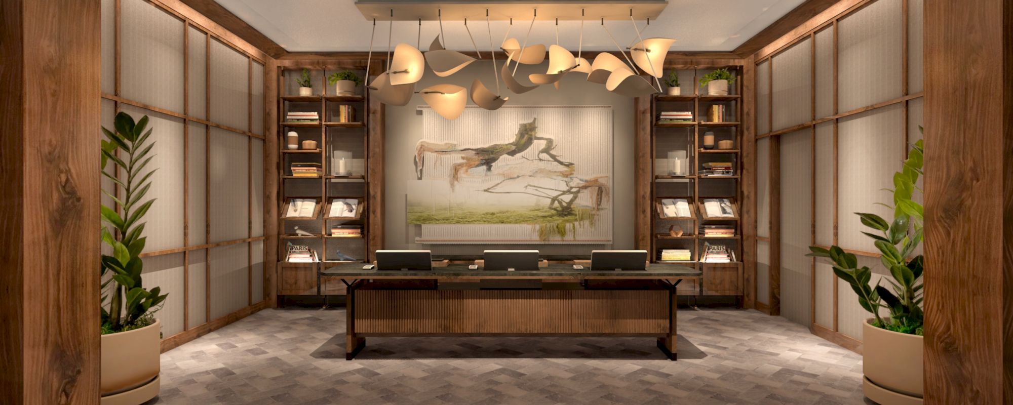 A modern office with wooden decor and overhead lighting.