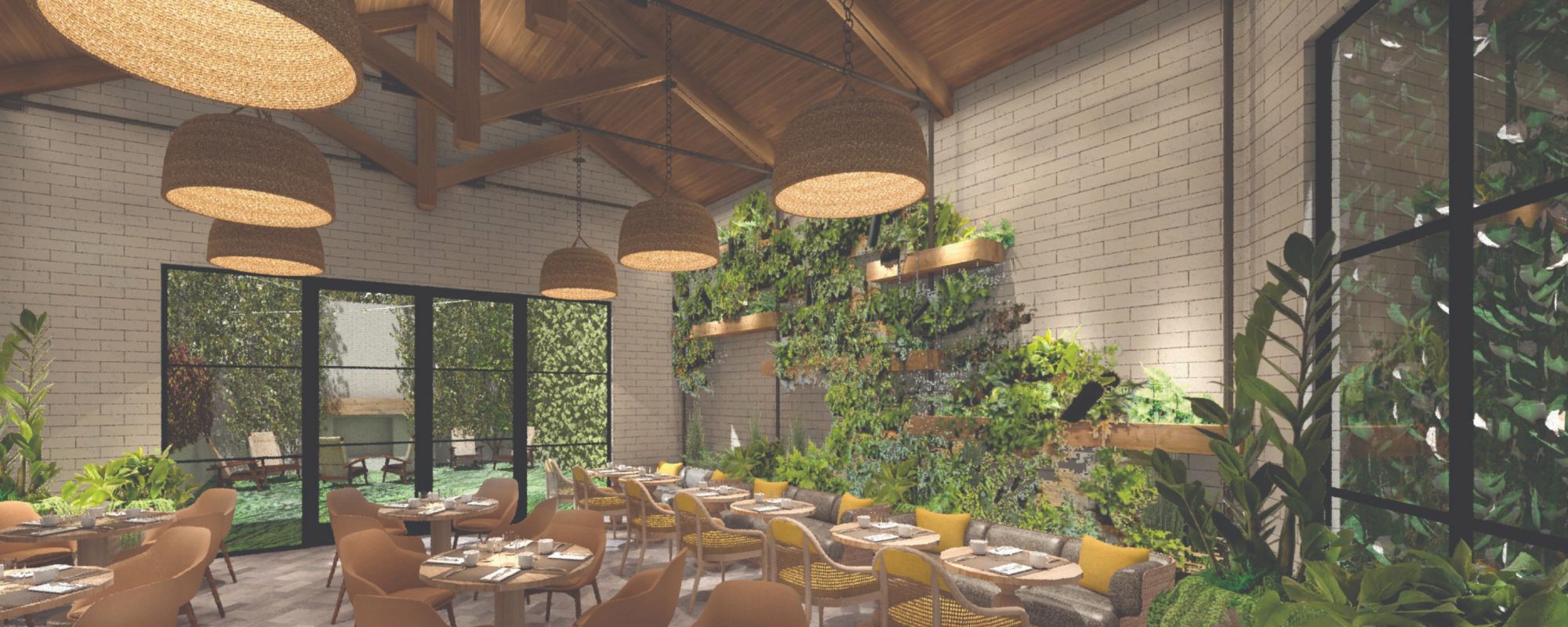 Restaurant with wooden ceiling, pendant lights, and greenery on walls.
